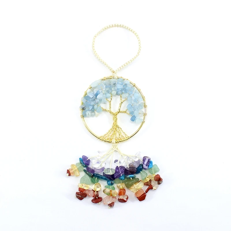 Natural Stone Pendant Car Hanging 7 Chakra Life Of Tree Colorful Irregular Crystal Quartz Healing Amulet Fengshui Energetic