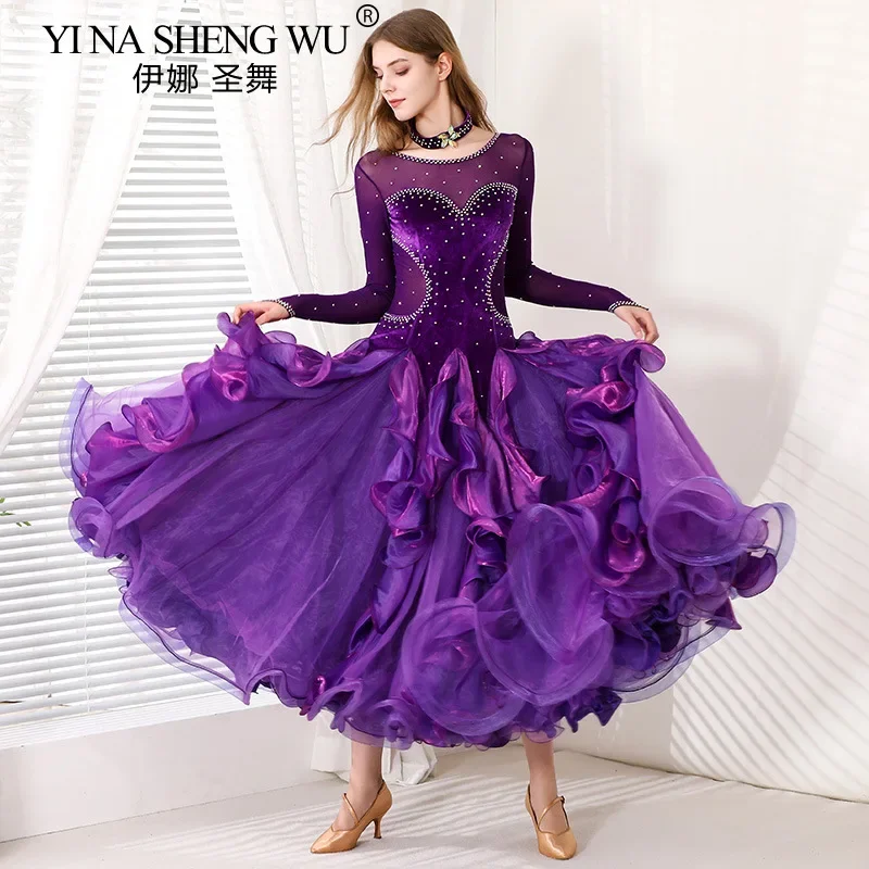 Modernes Damen-Ballsaal-Tanzkleid mit langen Ärmeln, lila Samt, Walzer, Flamenco-Performance-Kostüm für Wettbewerbskostüm