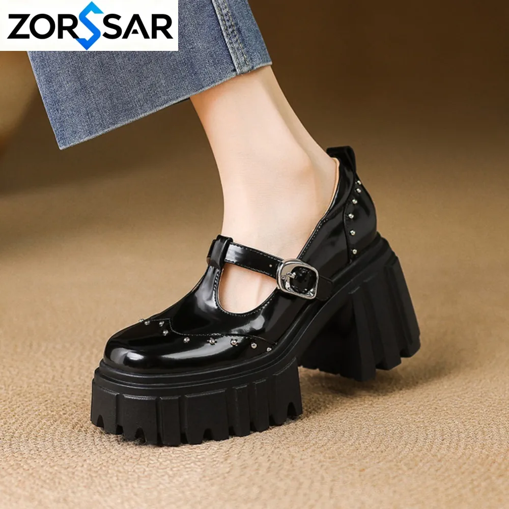 High Heels Mary Janes Shoes Autumn 2027 Patent Leather Heeled Shoes Woman Chunky Platform Ankle Strap Pumps for Women