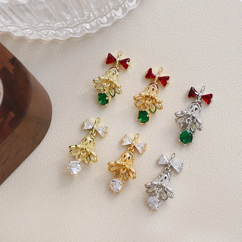 10pcs/ Bag  Copper wrapped gold color protection inlaid zirconium Christmas series bell pendant DIY jewelry accessories