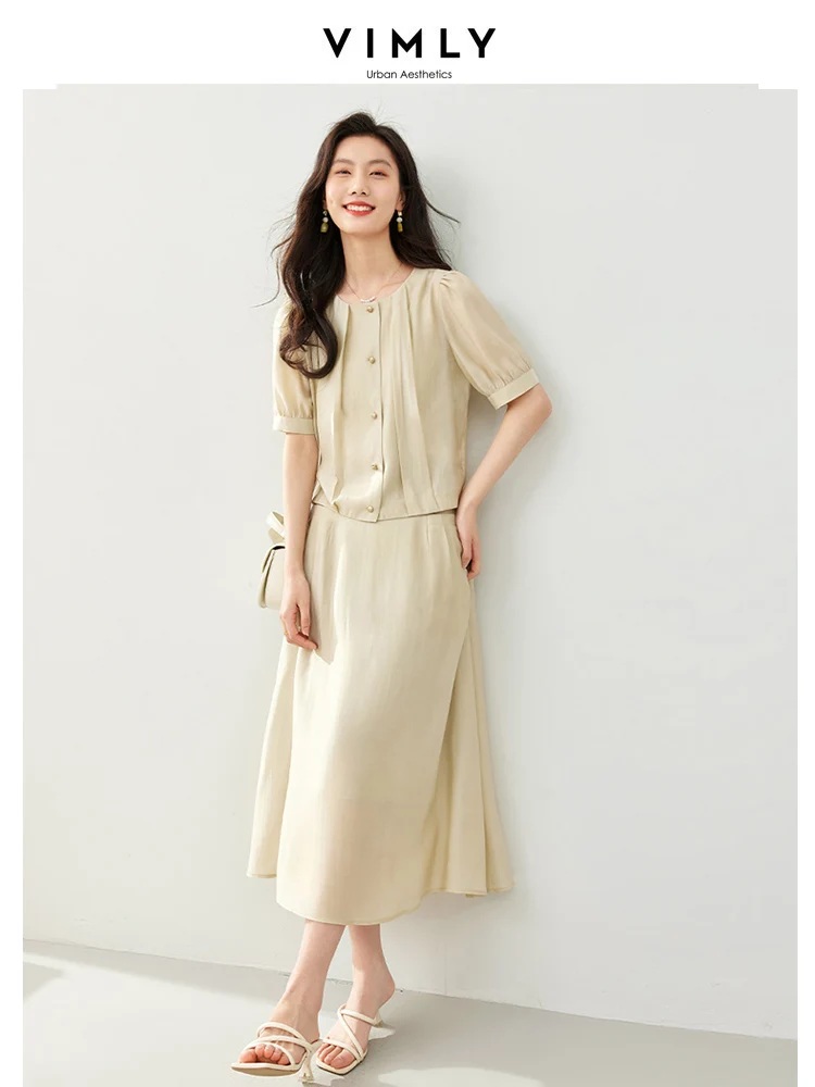 VIMLY Lyocell Women Solid Short Sleeve Cardigan Tops+Loose A-Line Skirt Matching Sets Fashionable Commuting Suit 2pcs Set M6887