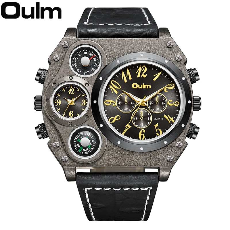 Oulm New Style Unique Designer Brand Men Sports Watch Multiple Time Zone Quartz Watch Leather Strap Mens Watch Relogio Masculino