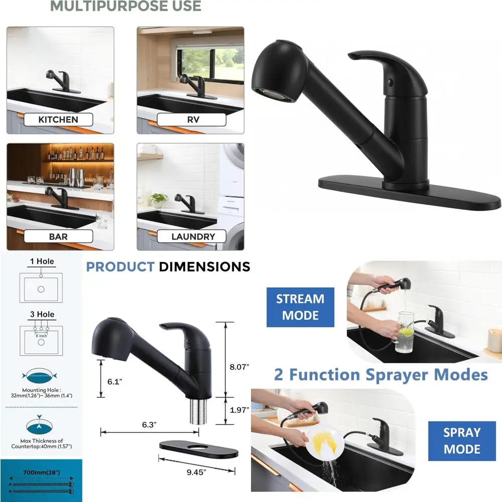 

Матовый черный выдвижной кухонный смеситель с одной ручкой, компактный дизайн с низкой дугой для бара, автофургона, стирки и использования на открытом воздухе