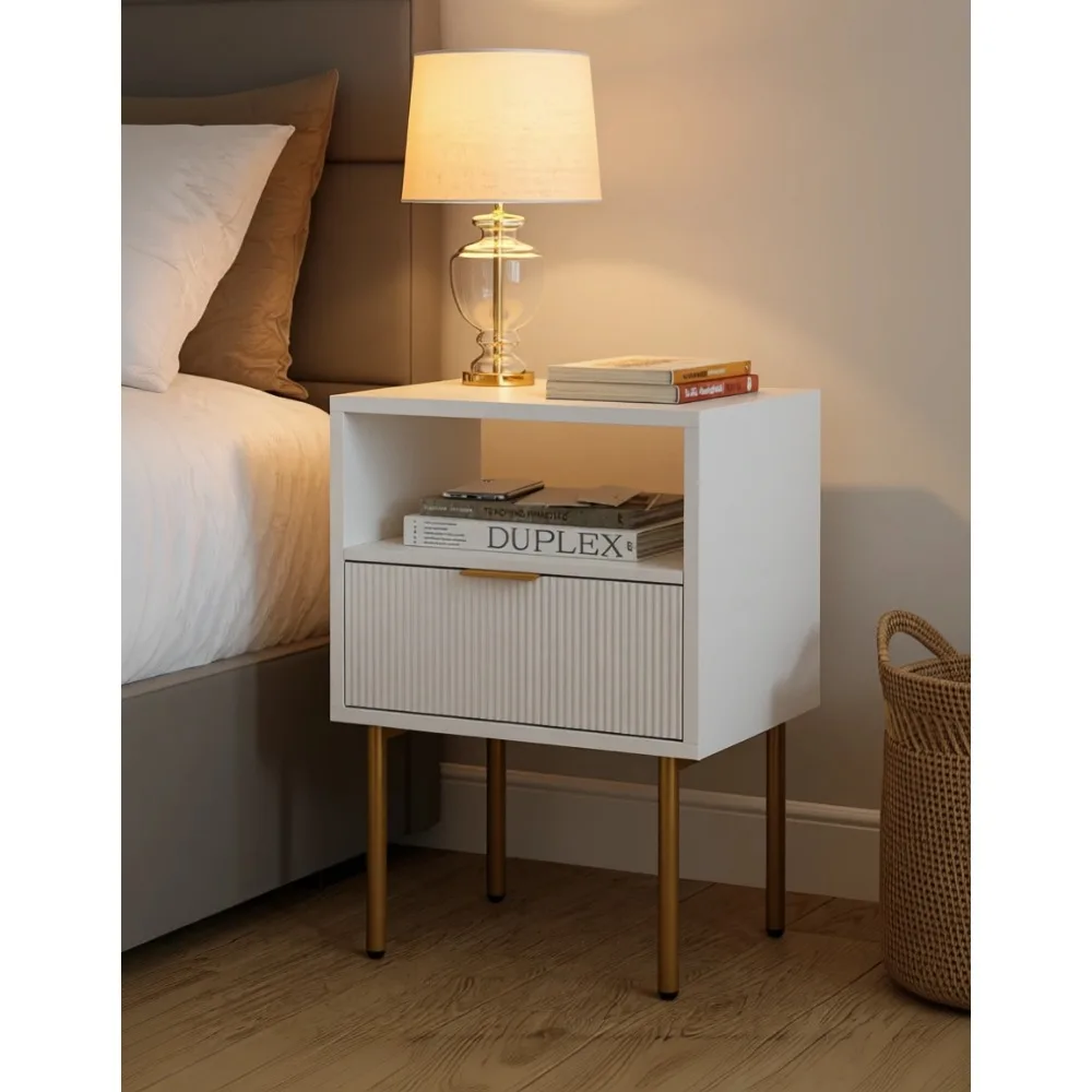 

Mid Century Modern Nightstand with Drawer and Open Wood Shelf Small Gold Frame Side Table for Bedroom Living Room White