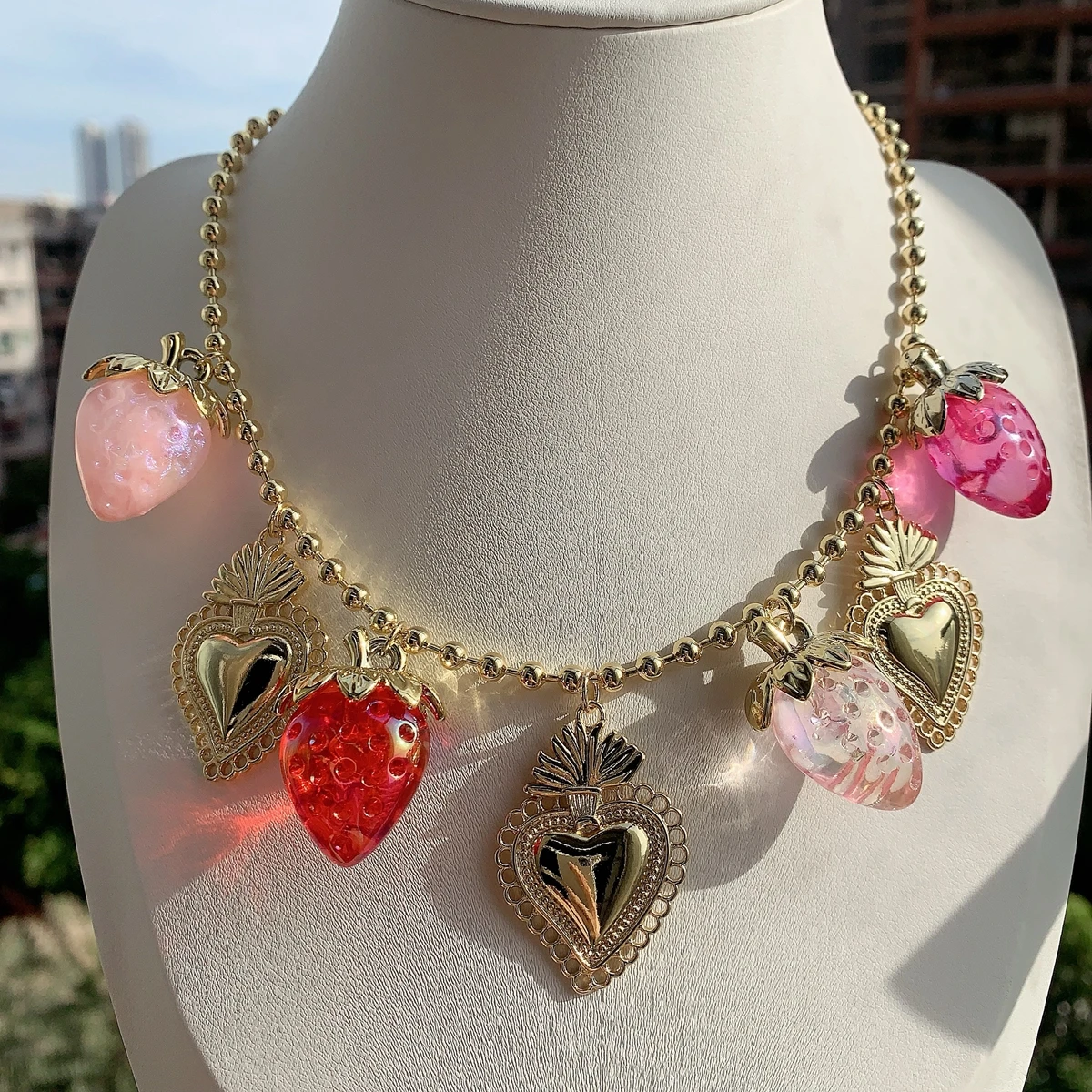 3pcs, Christian Catholic Sacred Heart Pendants Strawberry Fruit Charms Necklace Jewelry Silver Plated Tones women