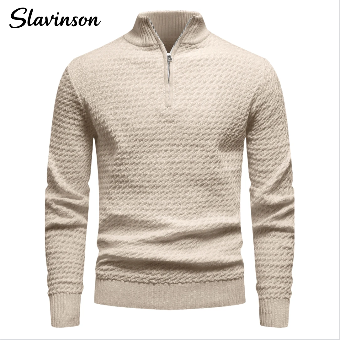 

Slavinson Men's Sweater Winter Casual Knitted Zip Sweater Mock Neck Pullover Ribbed Knit Casual Pure Color Sweaters US Size