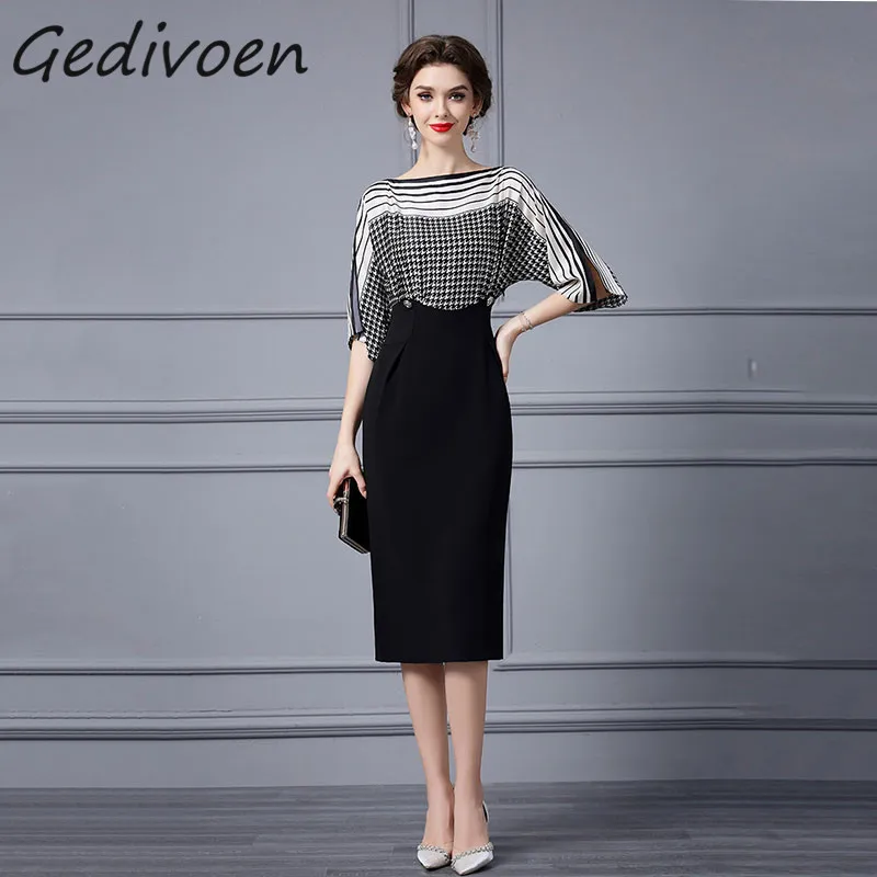 

Gedivoen Summer Fashion Runway Vintage Dress Women's Batwing Sleeve Print Button Buttock Covering Slit Fake 2 Pieces Midi Dress