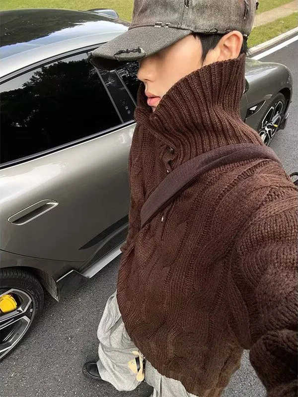 

Retro Knitted Loose Casual Men's Sweater with Button f Open Collar Thi Needle Old Money Sle Polyester Fiber Long Sve