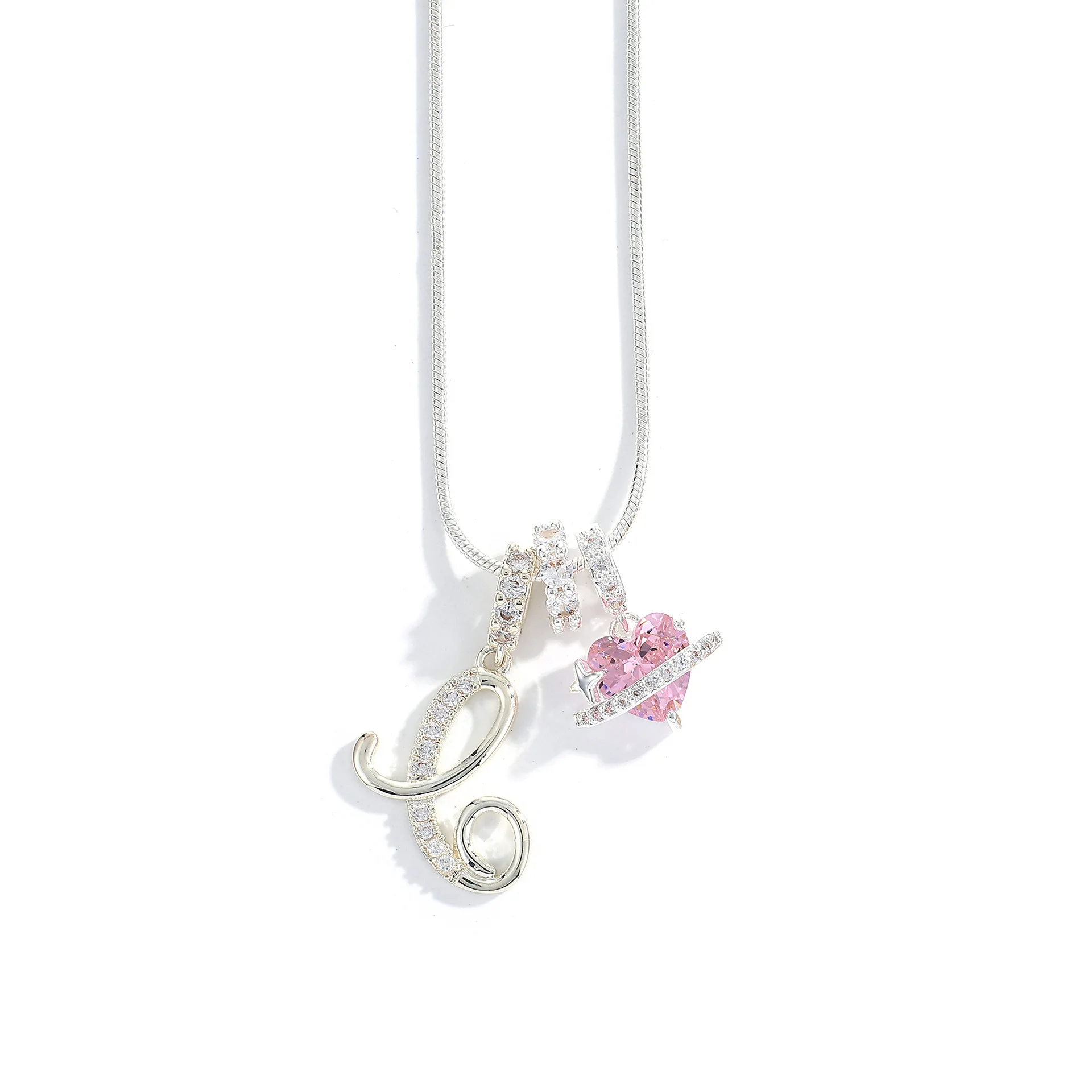 Women's A-Z Initial Letter Pendant Necklace Snake Chain Initial Alphabet CZ Pink Heart Necklace Adjustable Size Hypoallergenic