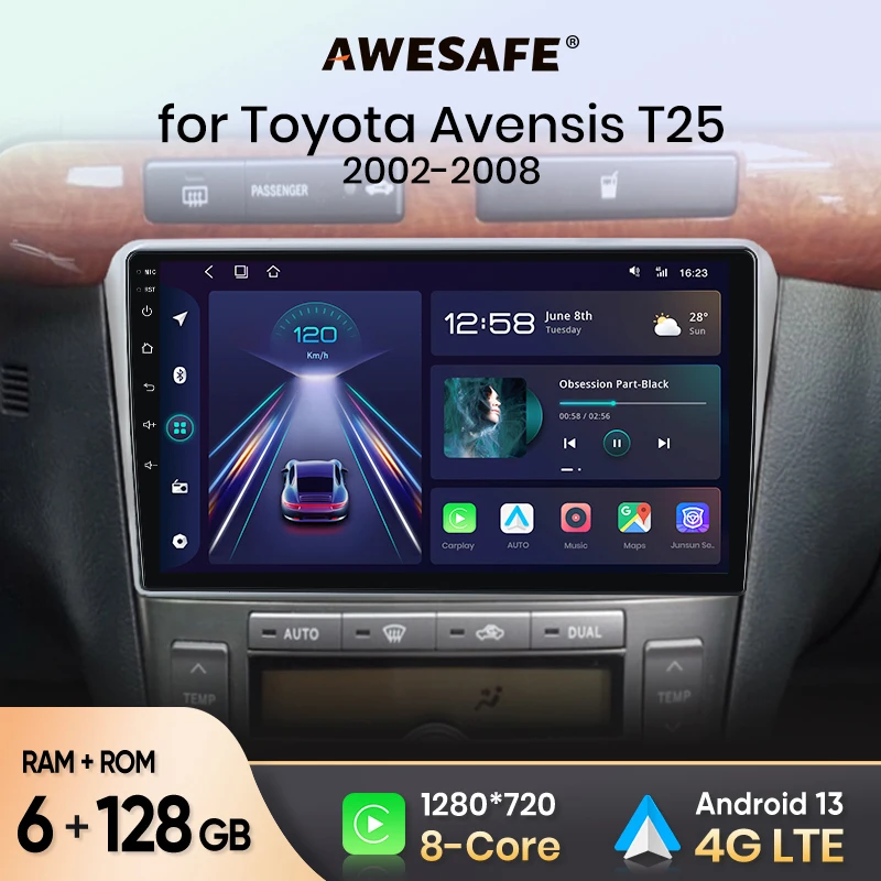 AWESAFE Wireless CarPlay Android Auto Autoradio For Toyota Avensis T25 2002 2003 2004 2005 2005  2007 2008  GPS RDS DSP