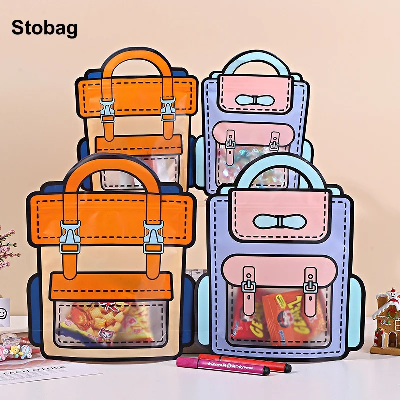 

StoBag 50pcs Candy Snack Packaging Bags Schoolbag Tote with Handle Window Cute Kids Child Cartoon Plastic Sealed Food Storage