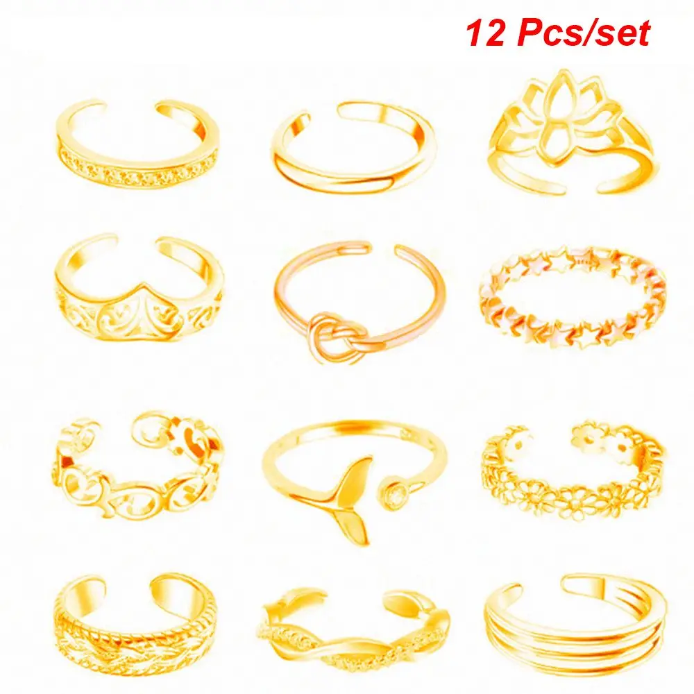 12pcs/set Summer Beach Toe Ring Set Open Finger Rings for Women Girls Adjustable Tail Ring Jewelry Gifts