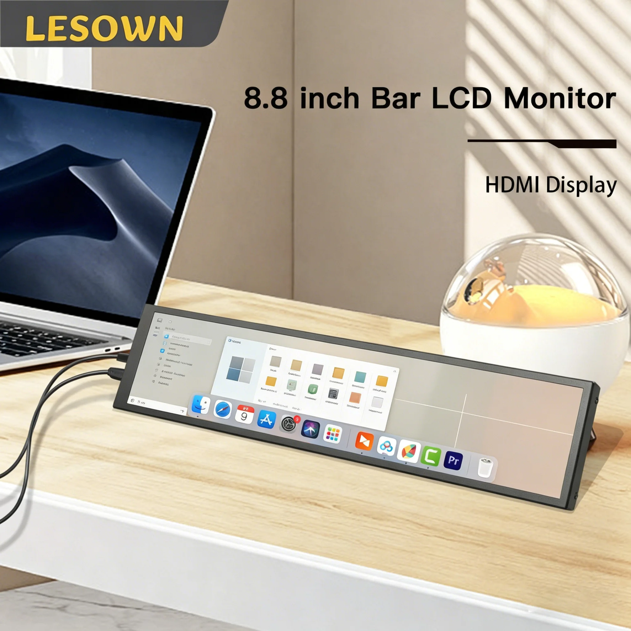 LESOWN Portable Edge Display 8.8 Inch 480x1920 IPS LCD Ultra Wide Bar Monitor Plug & Play Secondary Screen for Laptop Windows