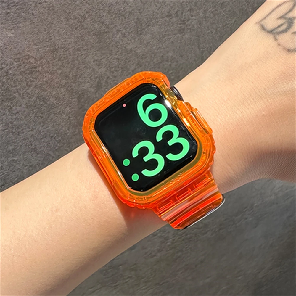 INS 2-IN-1 Glitter Clear Band+Case For Apple Watch 44 40 45 41 49 42 38mm Silicone Sports Strap For Ultra Serie 9 8 SE 7 6 5 4