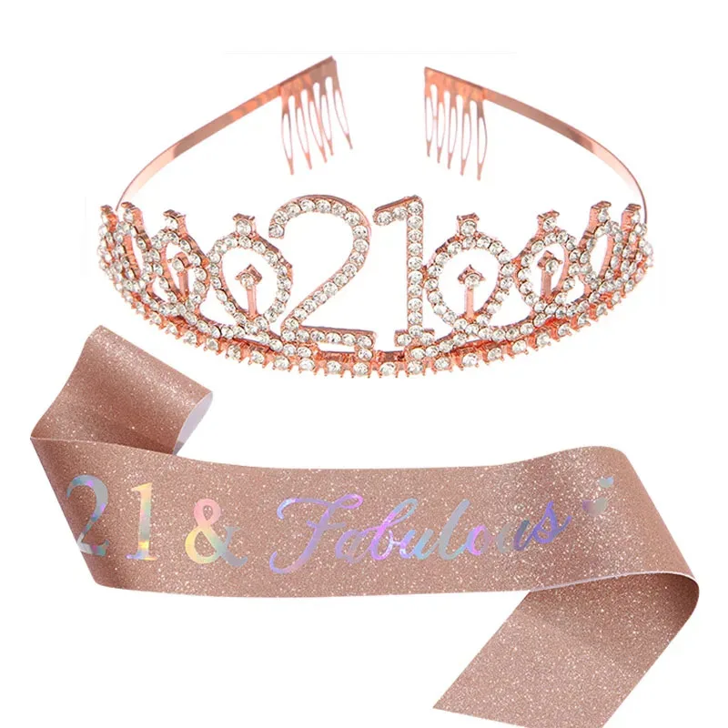 2pcs/Set Birthday Party Crown Sash 18 21 30 40 50 Crystal Crown Tiara Printing Etiquette Belt Decoration Suit Party Supplies