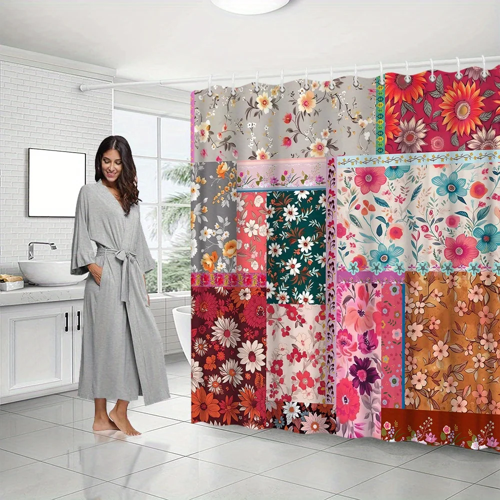 

Занавеска для душа с цветочным пэчворком: Яркий цифровой коллаж красных/розово-оранжевых цветов на тканом полиэстере, без подкладки, 70×70 дюймов, 12 крючков