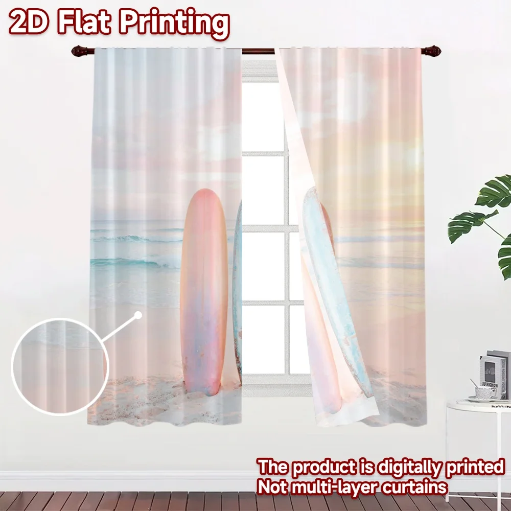 2D flat printing 2pcs Curtain Drapes Beach Sunrise Surfboards Digital Printed Polyester Drapes Seasonal Party & Holiday Decor