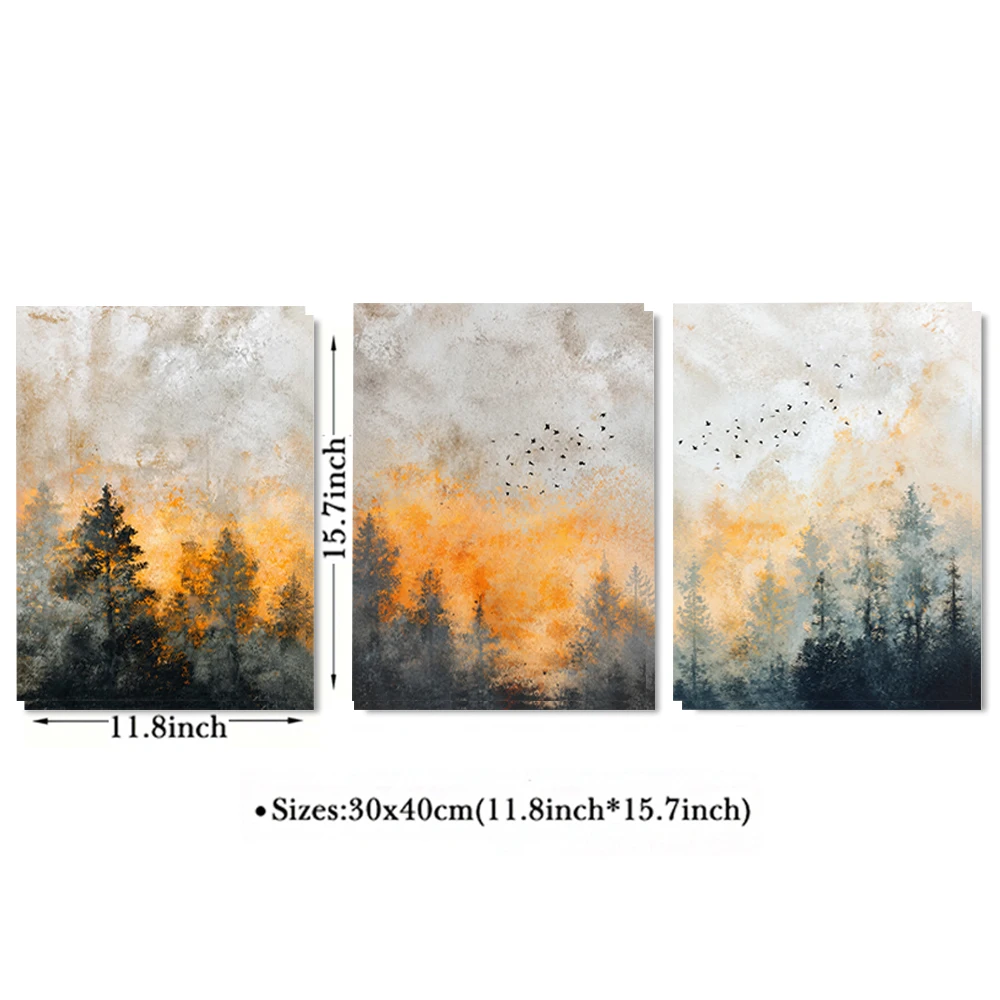 Set of 3 Misty Forest Birds Wall Art Prints Unframed Modern Landscape Decor for Bedroom Living Room Home Decor Artwork Gift