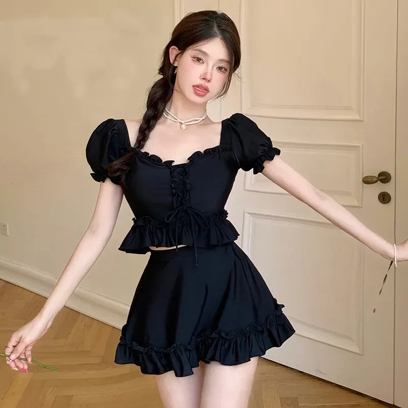 

Women's Black Ruffle Hem Two Piece Swimsuit Puff Sleeve Conservative Swimwear