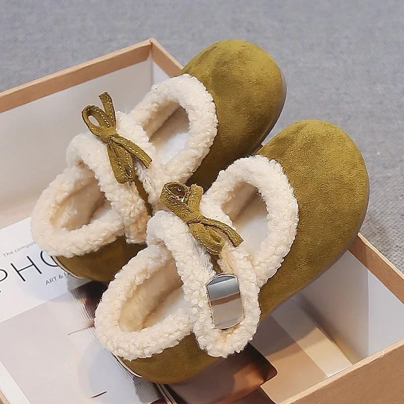 Girls Faux‑Suede Sherpa Trim Mary Jane Shoes, Bow Decoration Plush‑Lined Adjustable Buckle Winter Flat Shoes