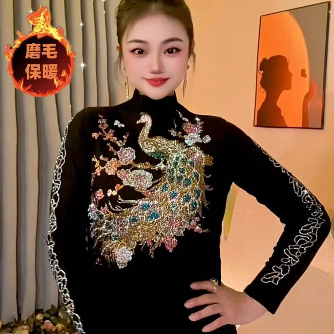 New Plus Velvet Autumn Winter Temperament Fashion V-neck Slimming Phoenix Hot Diamond Bottoming Shirt Long-sleeved T-shirt Top