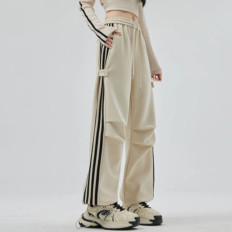 Heißer Verkauf Mädchen Hohe Taille Gerade Bein Cargo Hosen Neue Streetwear Weiblichen Koreanischen Hosen Dame Gestreiften Schnell Trocknend Hosen