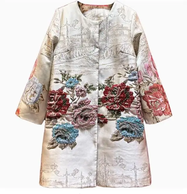 Europe and the United States women's 2024 winter new Long sleeve heavy nail bead flower jacquard fashion Trench coat XXL