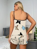 Butterfly Print Pajama Set Lettuce Trim Cami Top  Elastic Waistband Shorts Women  Sleepwear Loungewear 6