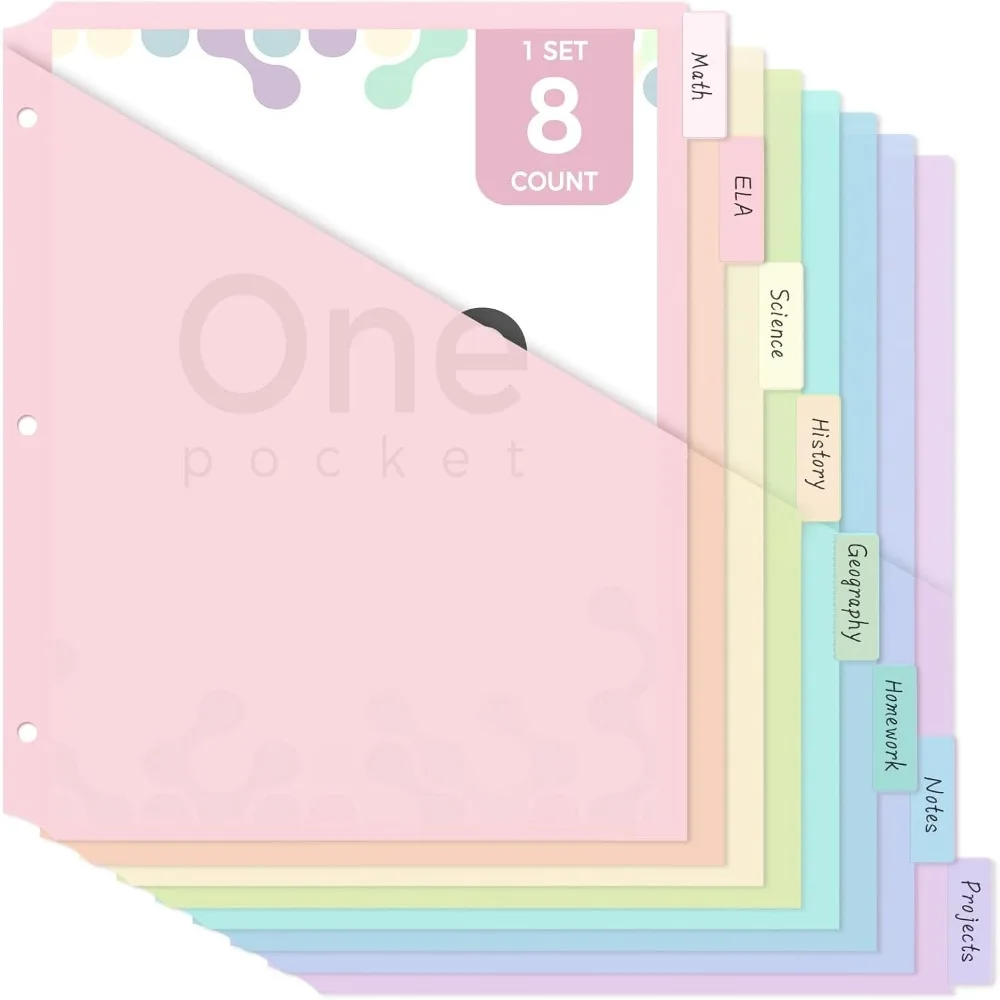 8 pcs A4 Pastel Binder Dividers 3-Ring Binder 8-Tab Dividers Single Pocket Dividers Single Pocket File Organizers Paper Filing
