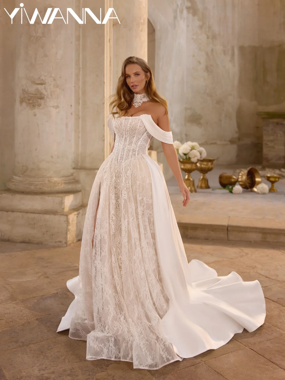 

Detachable Train Shinny Beaded Wedding Dress Off Shoulder Lace Long Bridal Gown Customized Classic Elegant Dresses For Bride