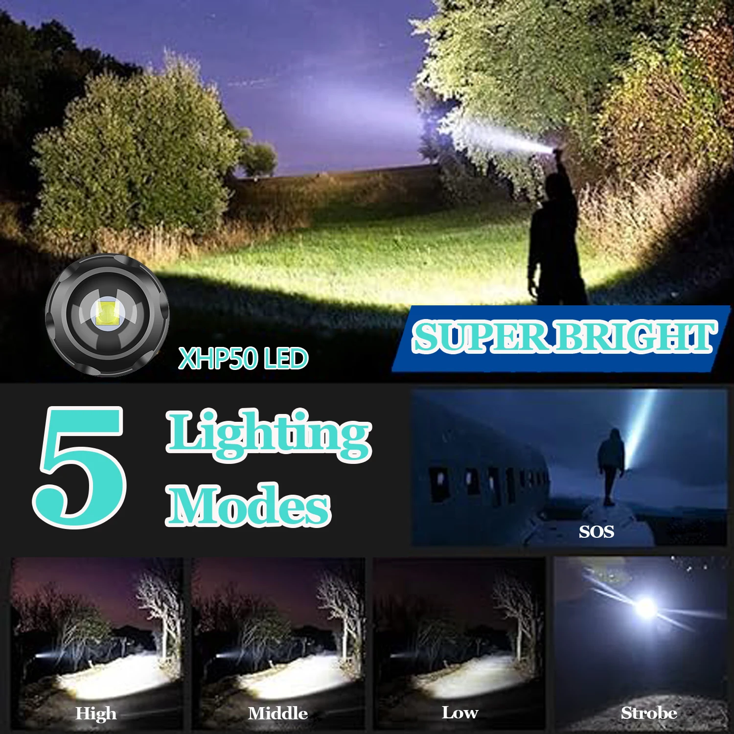Strong Light LED Flashlight TYPE-C Rechargeable Handlight Zoom Portable with The Clip Torch Outdoor Multifunction Lantern Lamp