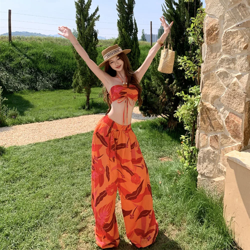 ALPHALMODA French Island Printed, Halter Crop Top + Pants, 2pcs Suit, Women Summer, Beach Vacation Trousers, Trendy Holiday Set