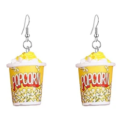 Creative Simulation Popcorn Bucket Pendant Women's Earrings 3D Resin Accessories Handmade Hook Eardrop Cinema Jewelry Cute Gift