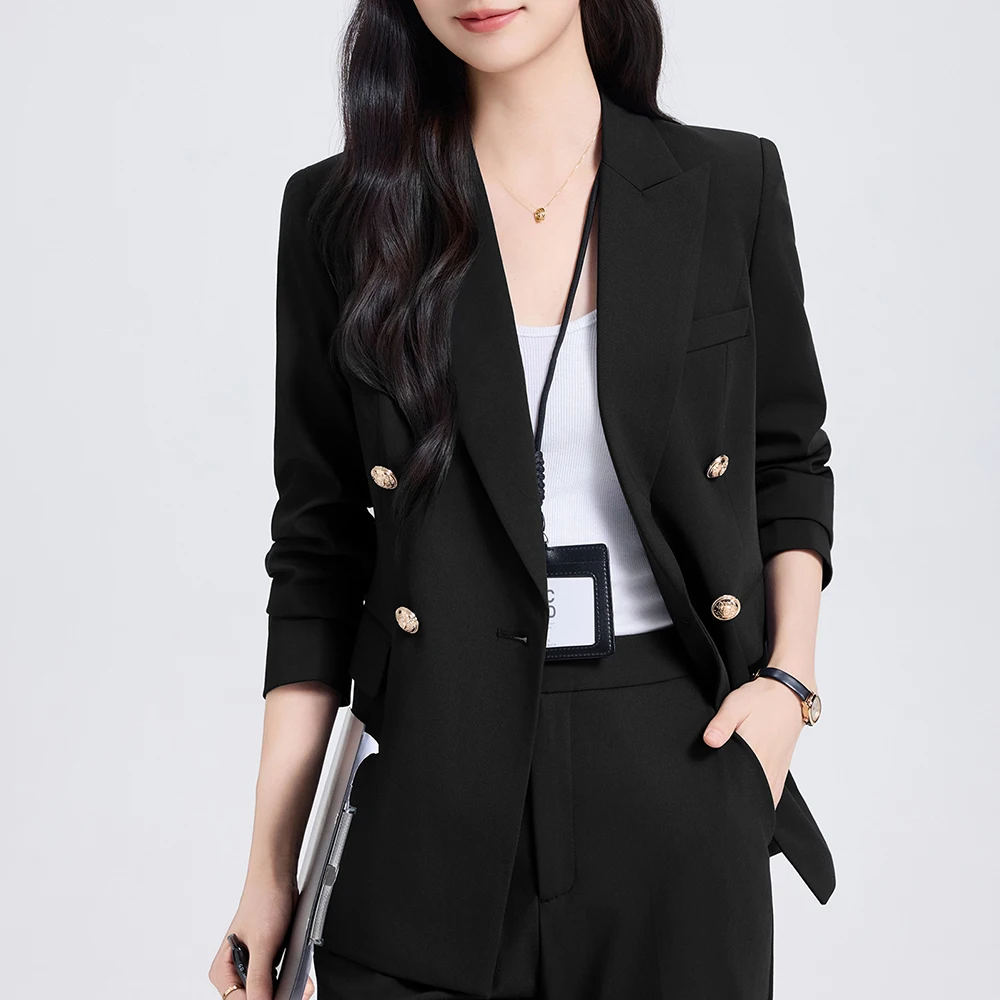 

Двухкомплектный костюм, женский модный деловой костюм с двубортным пиджаком, пальто с длинными рукавами, элегантный костюм для работы и повседневной носки.