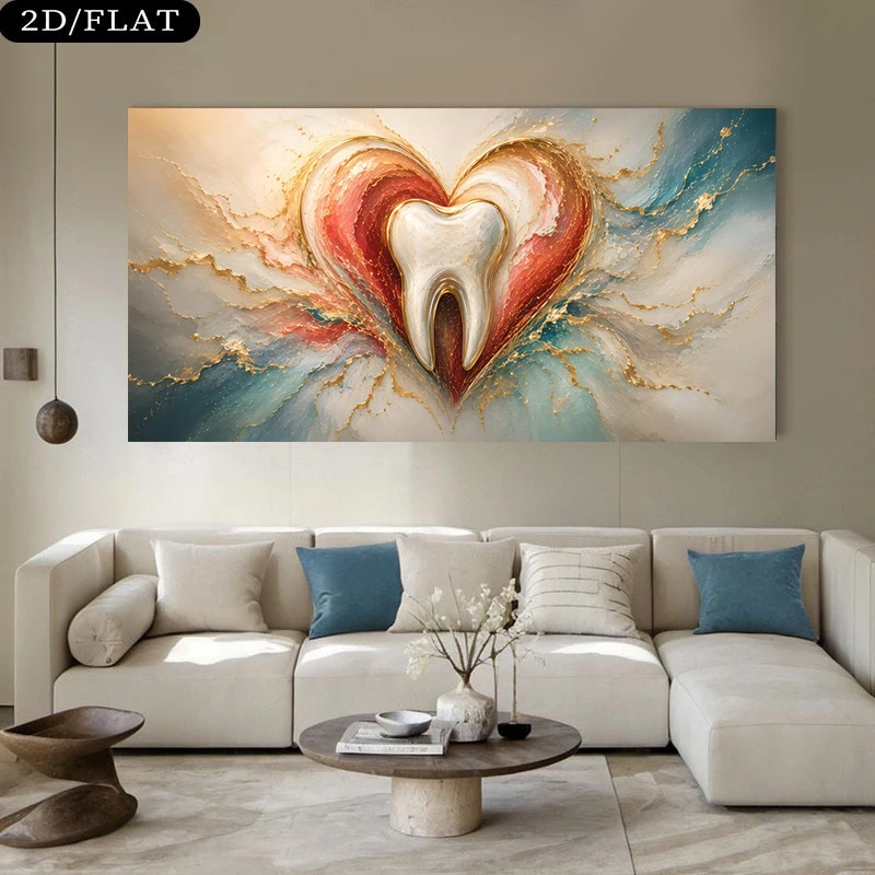 Heart-shaped tooth canvas print, abstract dental wall art, dental clinic decor, indoor poster, no frame