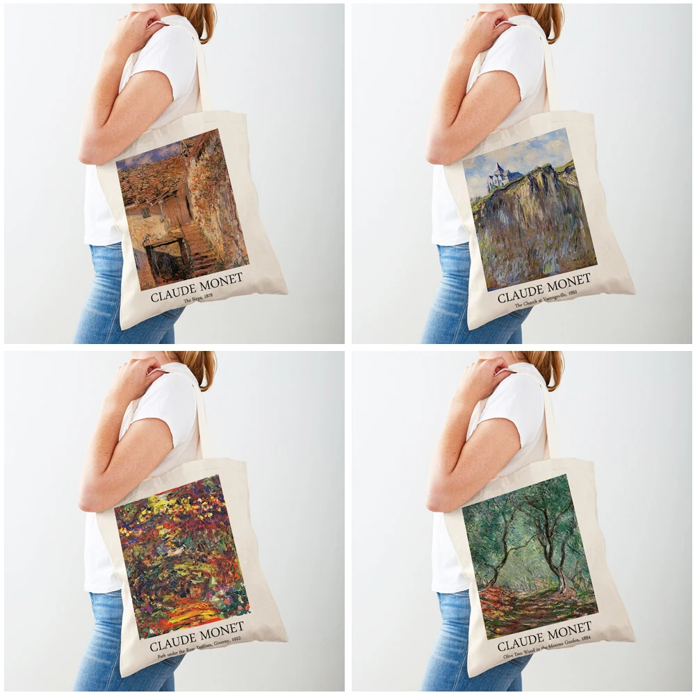 Claude Monet Garden Women Shopping Bags Casual Canvas Double Print Decor Vintage Art Girl Shopper Bag Lady Tote Handbags