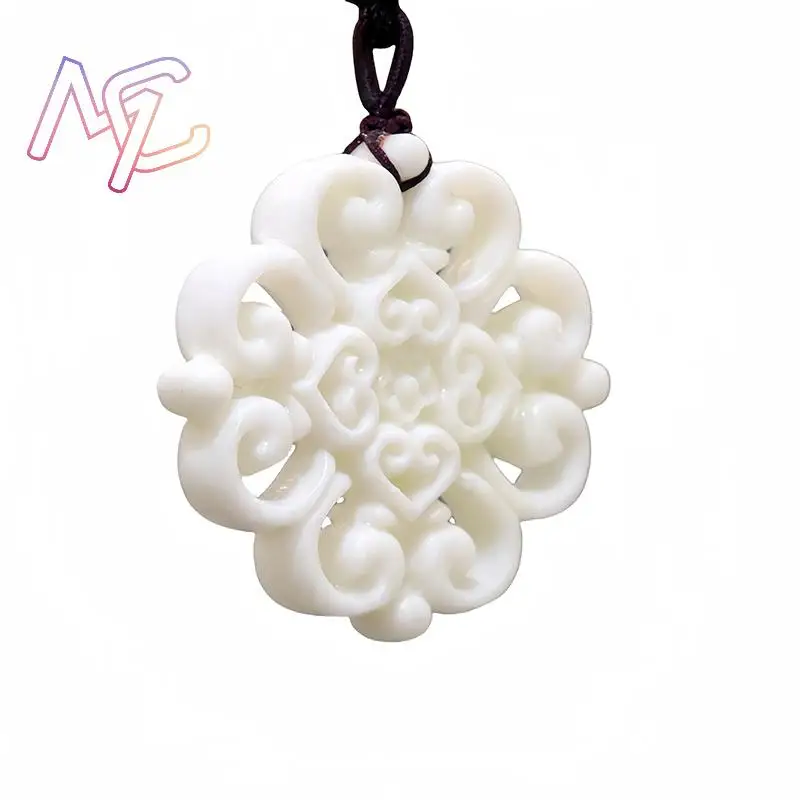 Naturalny jadeitowy naszyjnik z kwiatem Urok Kamień Akcesoria modowe Prawdziwa biżuteria Projektant Amulet Rzeźbiony kamień szlachetny Vintage — zdjęcie 4