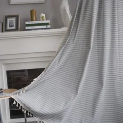 pp1016Cotton and linen striped curtain fabric style gray and white thin strip bedroom rod floating curtain