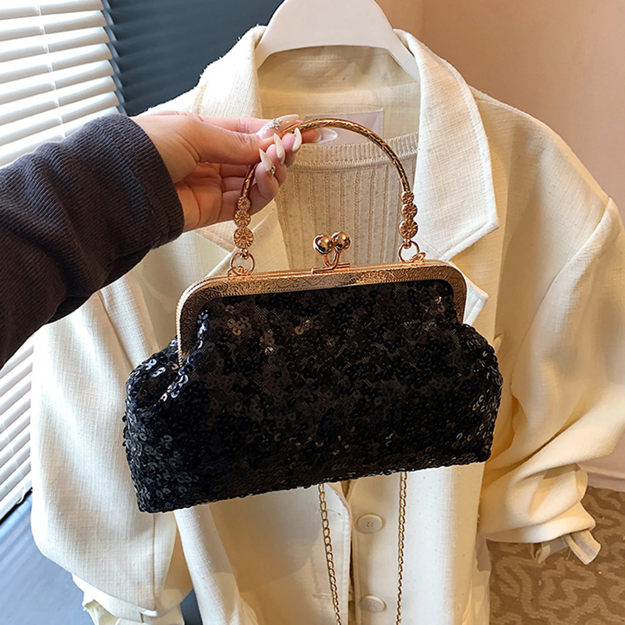 محفظة كلاتش أنيقة مزخرفة بأحجار الراين مع حزام سلسلة قابل للفصل للحفلات المسائية والمناسبات الخاصة #1