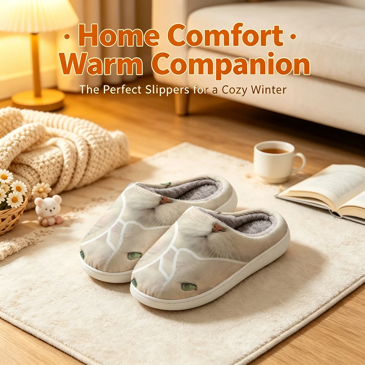 White Cat Sticker Christmas White Slippers Warm Plush Indoor Shoes Non-Slip Winter Slippers Family Holiday Gifts Soft view 3