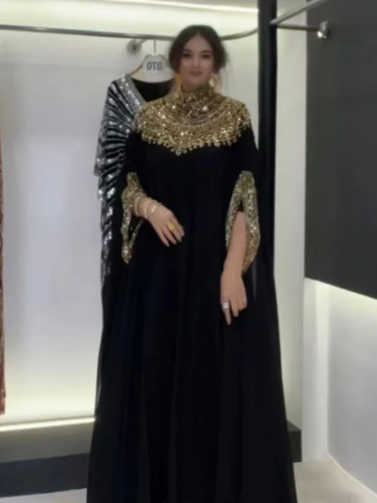 Robe longue brodée de perles artisanales lourdes, col rond, manches chauve-souris, grande taille, robe pour femmes, jupe ample et moelleuse à la mode