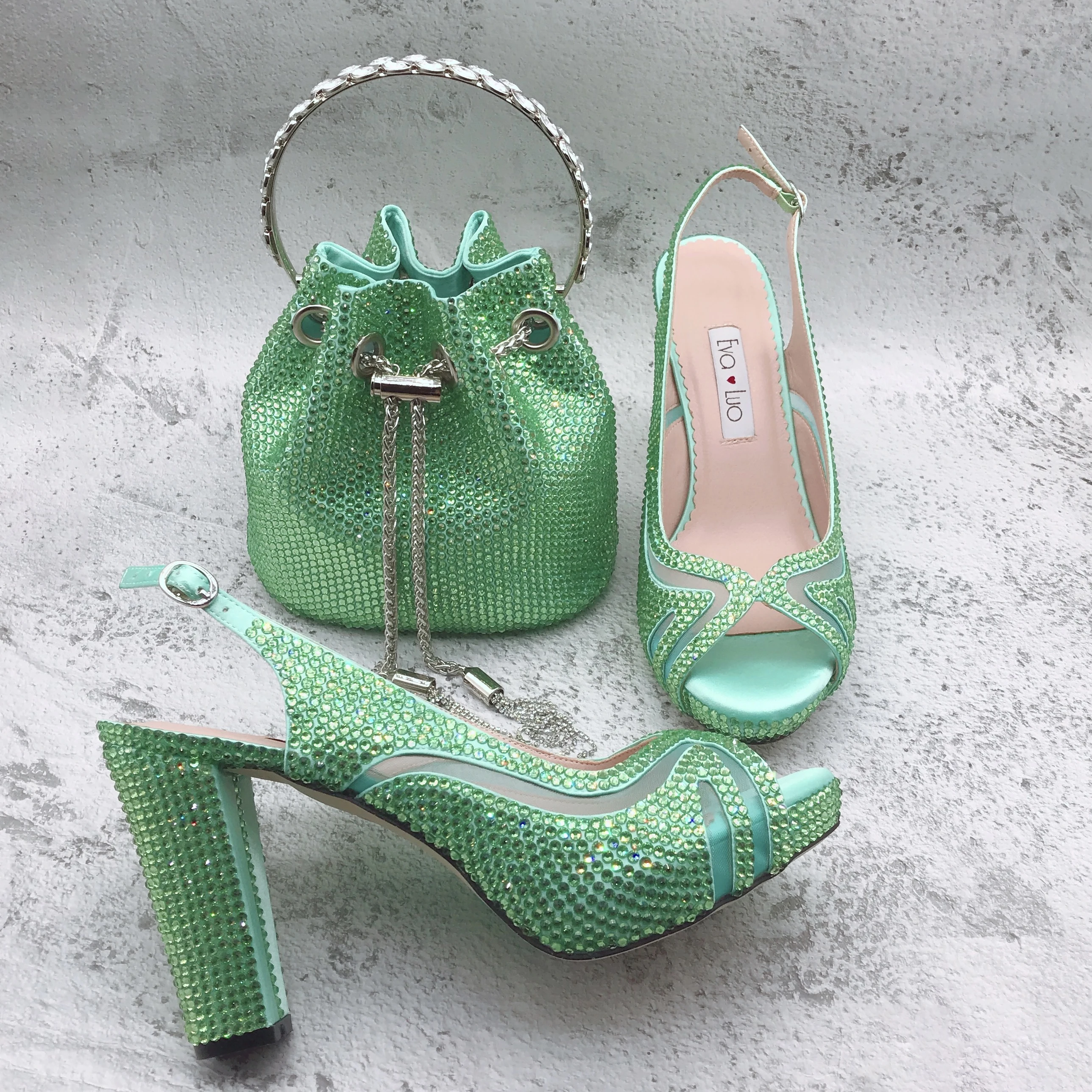 Sapatos de casamento personalizados para mulheres, bolsa de balde, salto de bloco, cristal verde menta, saco de festa, BS1658