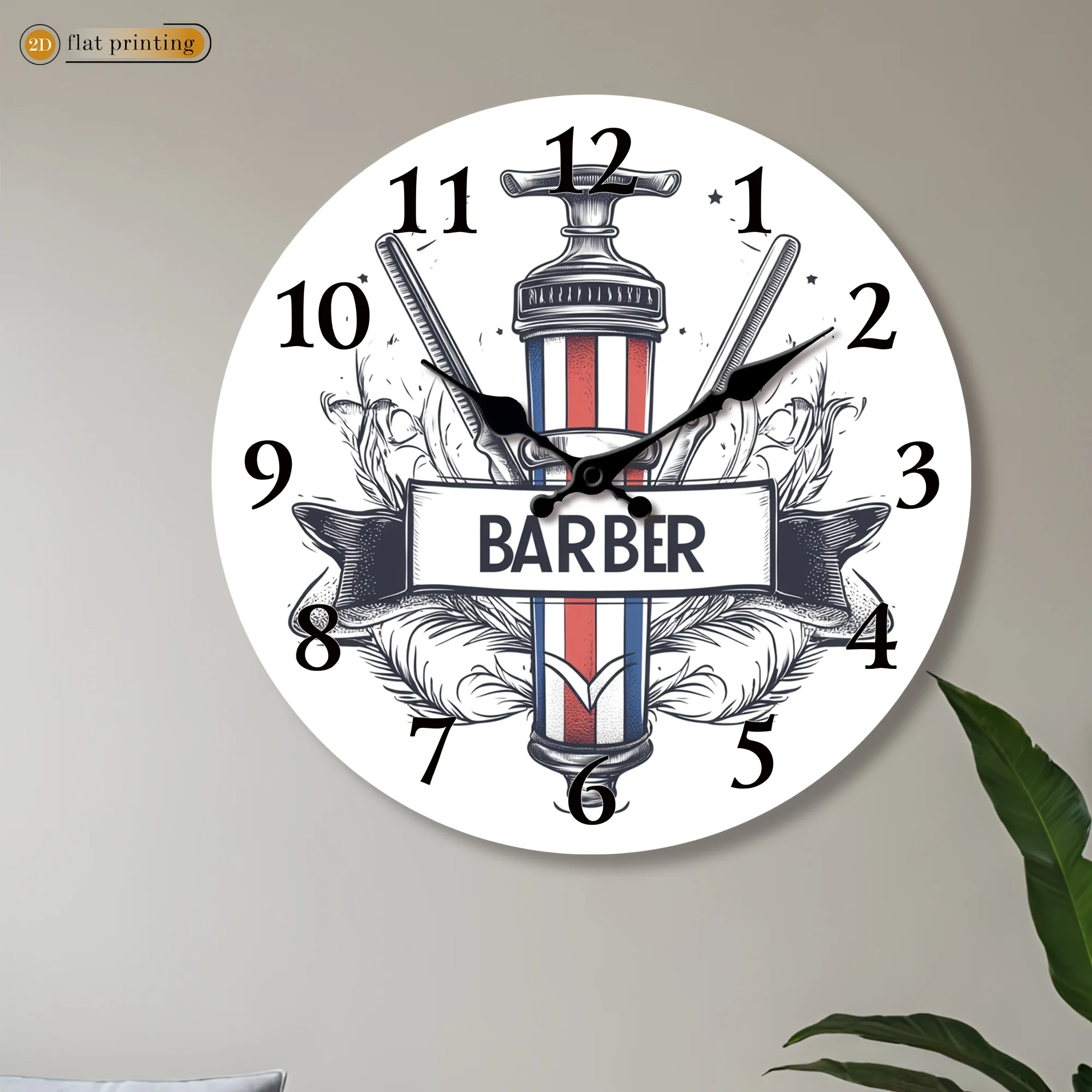 2D Flat 1pc Barber-themed Wall Clock with Tools and Emblem- Modern Creative Round Silent Wall Clock