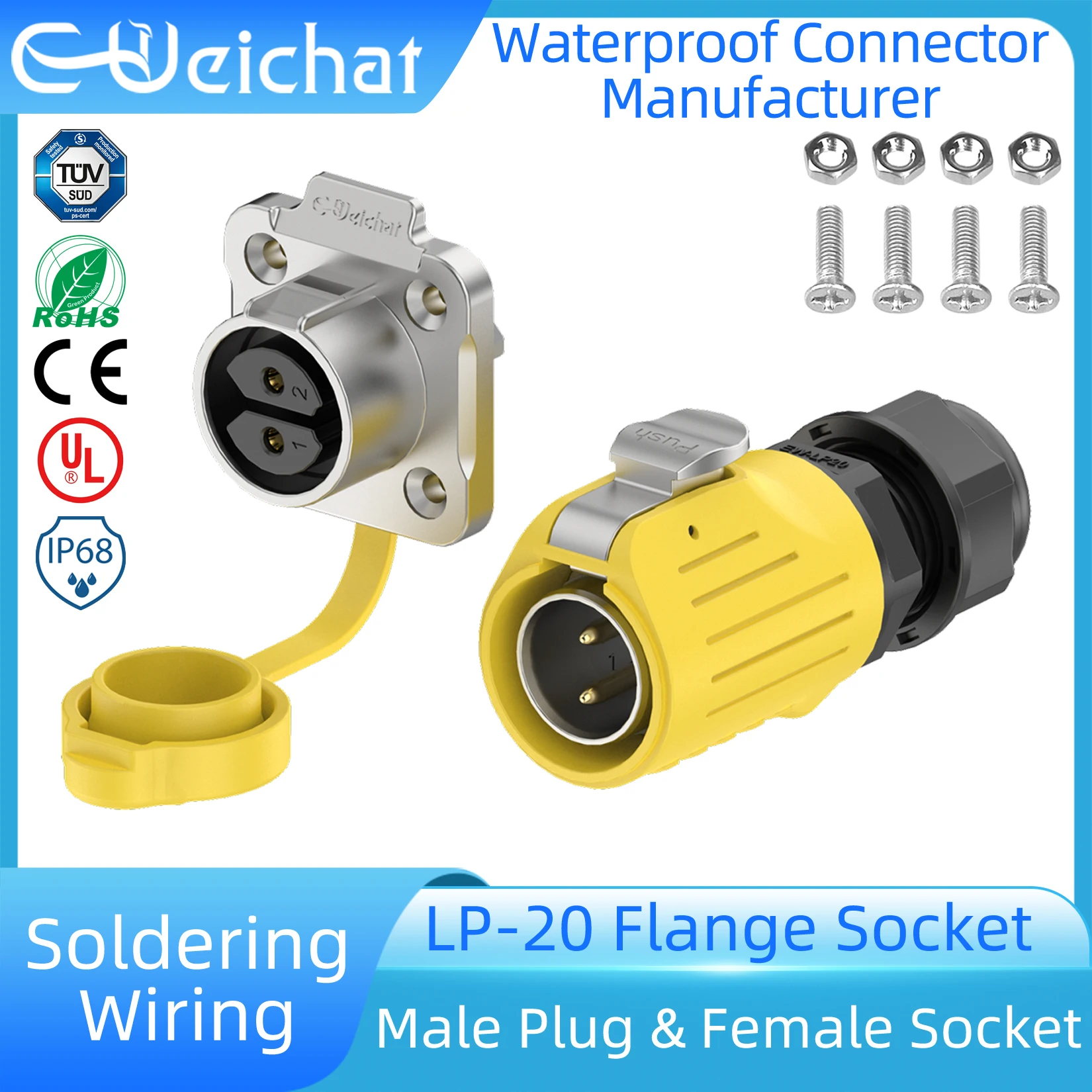 

LP20 IP68 Waterproof Connector 2-14 Pin Male Plug + Flange Socket Industrial Aviation Connector Yellow Metal Shell Solder Wiring