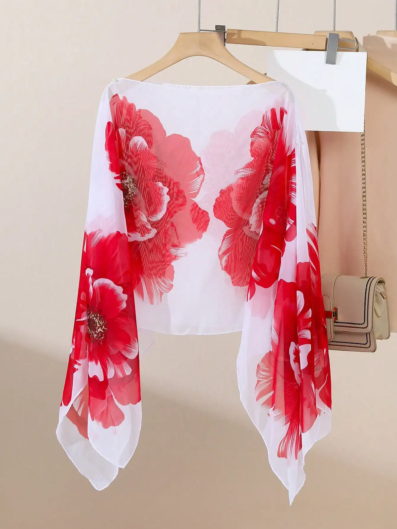

1PC Spring Summer Floral Chiffon Scarf, Lightweight Poncho with Faux Pearl Buttons, Women Fashion Accessory for Daily Wear, Travel and Valentine's Day