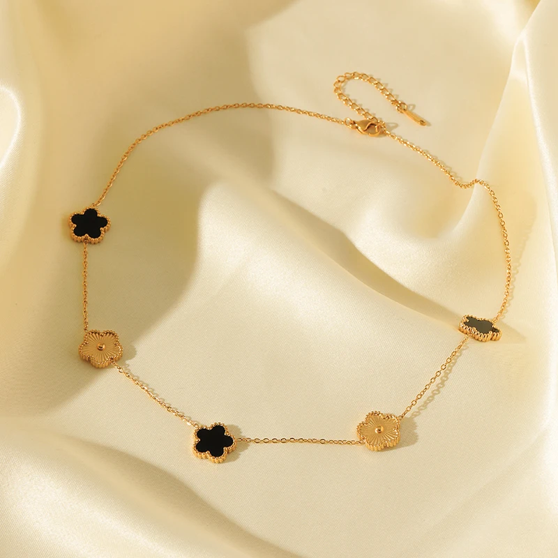 EILIECK 316L Stainless Steel Black Reversible Leaf Clover Necklace Bracelets Earrings Set For Women Fashion Waterproof Jewelry
