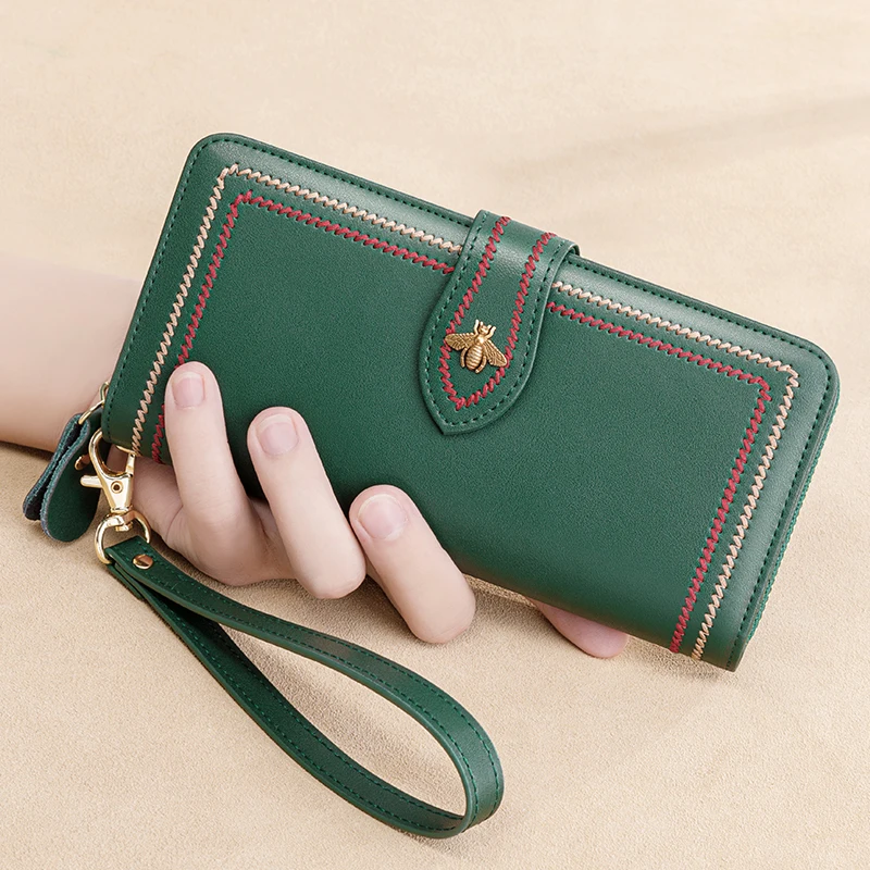 Genuine Leather Wallets Women Clutch Female Purses Long Money Bag Zipper Coin Bee Luxury Brand Wristlet Phone Hasp Card Holder