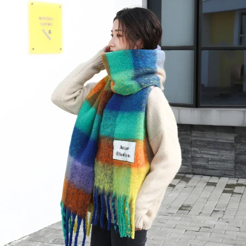 Marshmallow Scarf For Women 2023 New Rainbow Plaid Scarf Autumn Winter Plaid Scarf Long Shawl Warm Soft Thickened Large Shawl