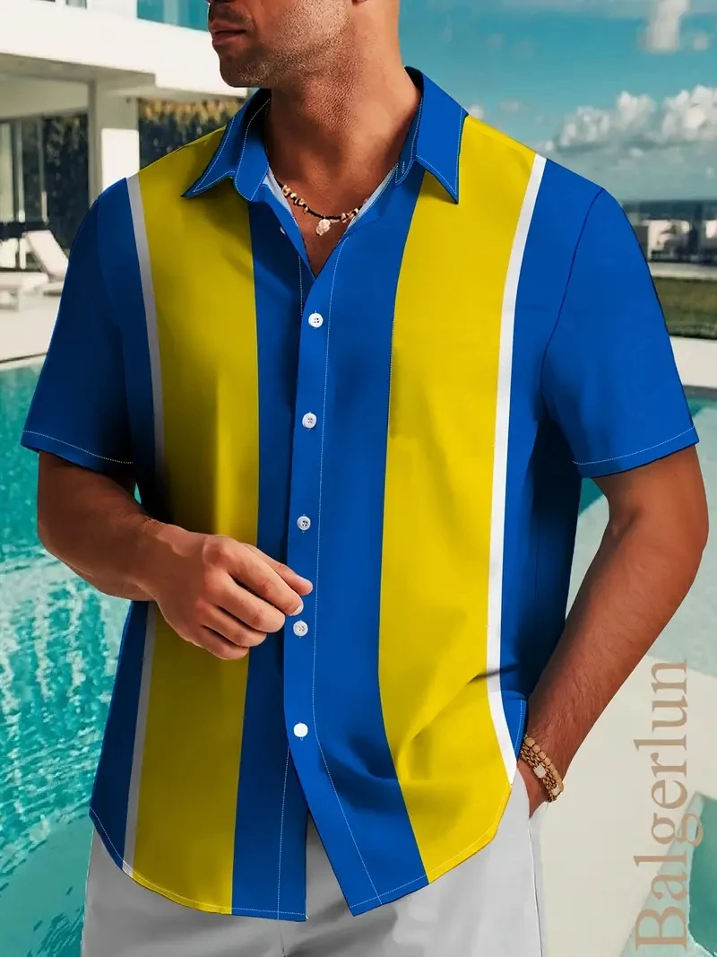 

2025 Men's Button Down Shirt Fashion Stripe Shirt Tops Summer Men's Clothing Loose Short Sleeve Button Blouse Hawaiian Shirts