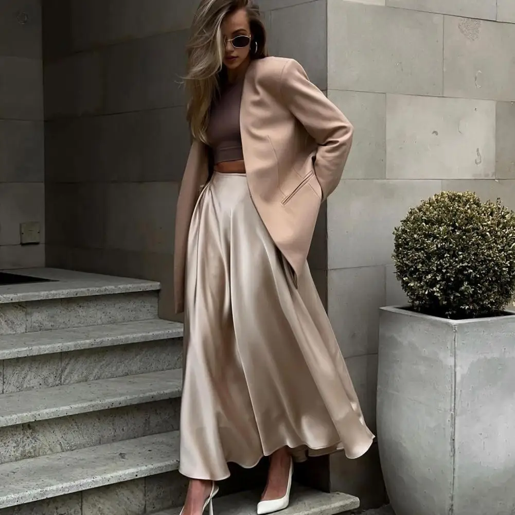 Elegant Women's Skirts High Waist Silk Satin A-line Skirt Lady Fashion Solid Long Skirts For Women Fashion 2024 Commute Travel